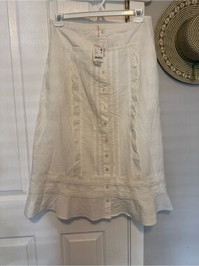 Free People White Button-Front Midi Skirt with Lace Panels